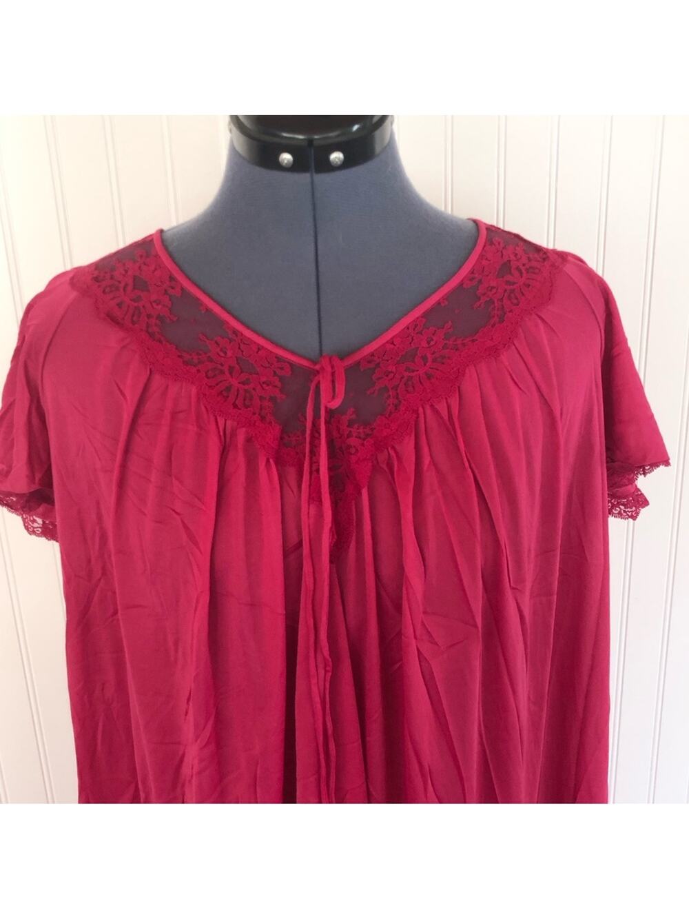 Vintage Pink Nightgown Silky Satin Lace Fuchsia Magenta Short Sleeve 70s 80s